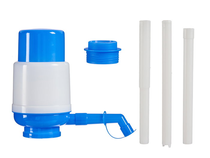 Leknes Bomba de Agua Manual Adaptable Plástico Polipropileno Azul Blanco 9 x 18.5 x 9 cm para Botellas 2500-10000 ml (Set de 18)