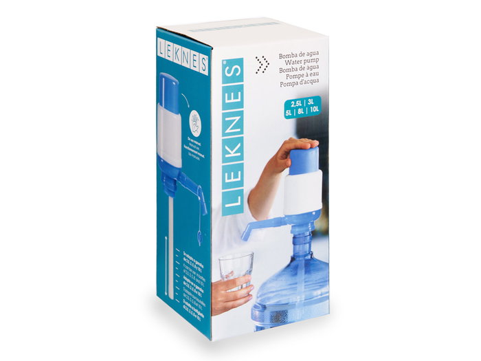 Leknes Bomba de Agua Manual Adaptable Plástico Polipropileno Azul Blanco 9 x 18.5 x 9 cm para Botellas 2500-10000 ml (Set de 18)