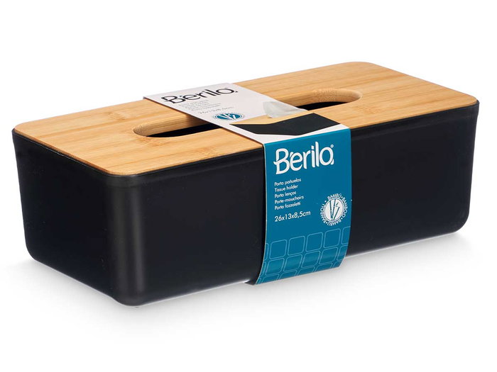 Berilo Porta Pañuelos Negro con Tapa Bambú 26 cm (Set de 8)