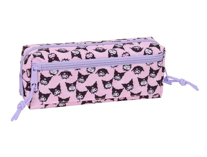 Safta Estuche Escolar Portatodo Rectangular Kuromi 22 cm - 3 Cremalleras, Goma Elástica, 85x60x220 mm - Rojo, Negro y Blanco