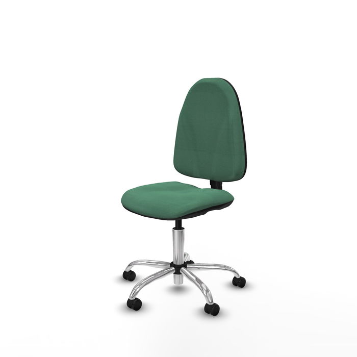 Silla de oficina Algarra con mecanismo Contacto permanente básico tapizada con Tela color Verde esmeralda. Equipada con Base cromada, Sin brazos y Ruedas autofrenantes