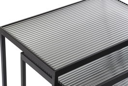 DKD Home Decor Mesita Auxiliar Loft Negra Metal Cristal 36.5 x 53.5 x 58 cm Set de 3