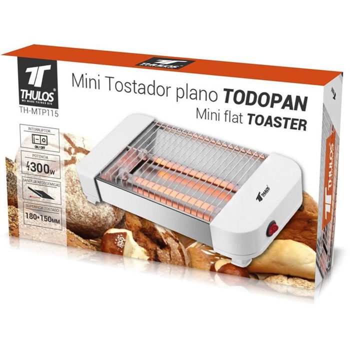 Thulos Mini Tostadora Plana Th-MTP115 300W | 2 Tubos de Cuarzo | Tuesta Todo Tipo de Pan | Superficie 180x150 mm | Fácil de Limpiar