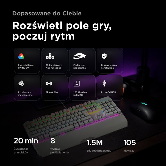 Rampage UMBRA KB-R86 Teclado Mecánico Gaming Blue Switch Blanco Layout Polaco Rampage UMBRA KB-R86 Teclado Mecánico Gaming Blue Switch Blanco Layout Polaco