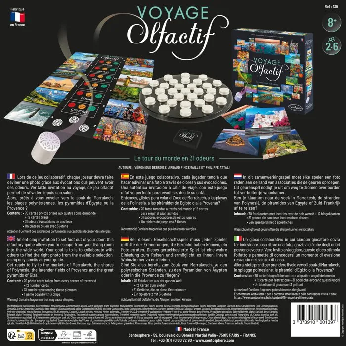 Sentosphere SEN1694470552055 Juego de mesa Viaje Olfativo, Recorre el mundo con 31 aromas, A partir de 8 años