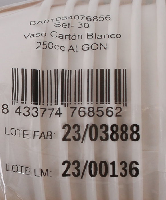 Algon Set 30 Vasos de Cartón Blancos 250cc (20 Unidades)