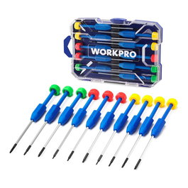 Workpro - Juego de Destornilladores de Precisión CR-V 10 Piezas - Planos, Phillips (PH000, PH00, PH0), Torx (T7, T8, T9) - Acero Cromo Vanadio con Punta Imanada