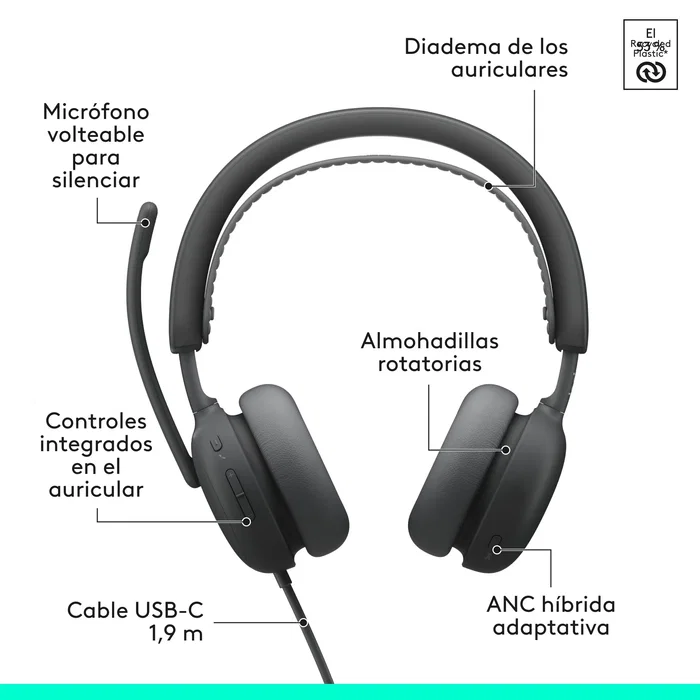Logitech Zone Wired 2 Auriculares con Cable Diadema USB-C/USB-A para Llamadas y Música con Cancelación Activa de Ruido (ANC)