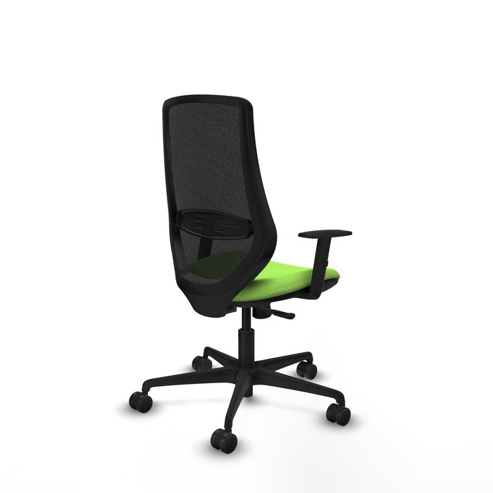 Silla de oficina Mardos con mecanismo Sincro tapizada con Tela color Pistacho y malla color Negro. Equipada con lumbar 1D, Brazos 1D y Ruedas 65mm nailon