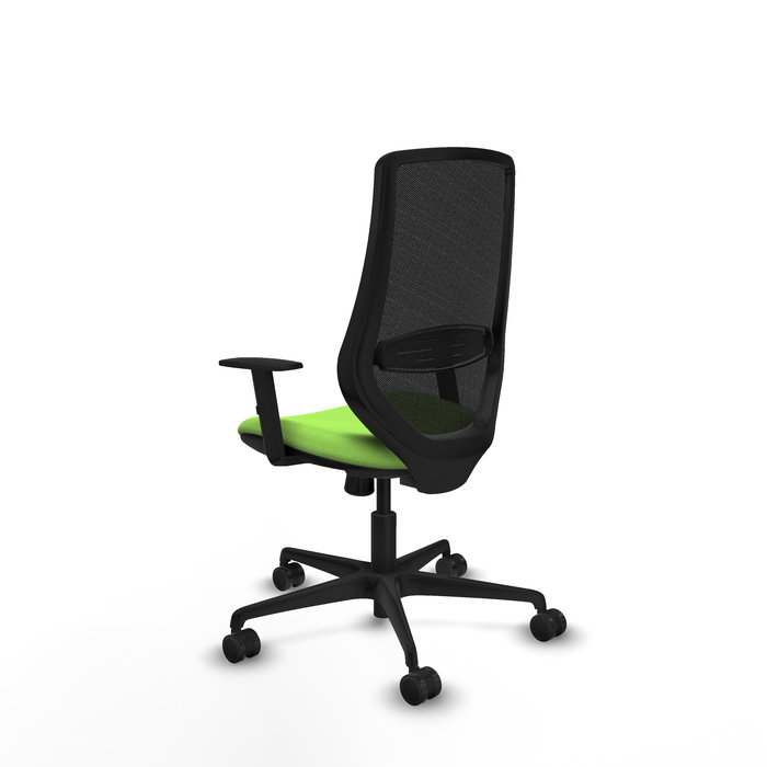 Silla de oficina Mardos con mecanismo Sincro tapizada con Tela color Pistacho y malla color Negro. Equipada con lumbar 1D, Brazos 1D y Ruedas 65mm nailon