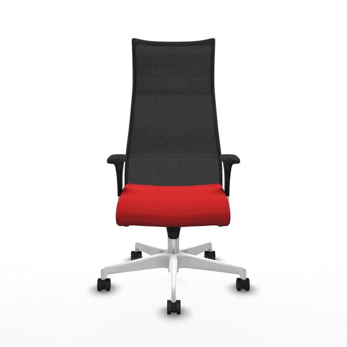 Sillón Albacete con mecanismo Sincro tapizada con Similpiel color Rojo y malla color Negro. Equipado con Base poliamida blanca, Brazos 1D y Ruedas 65mm nailon