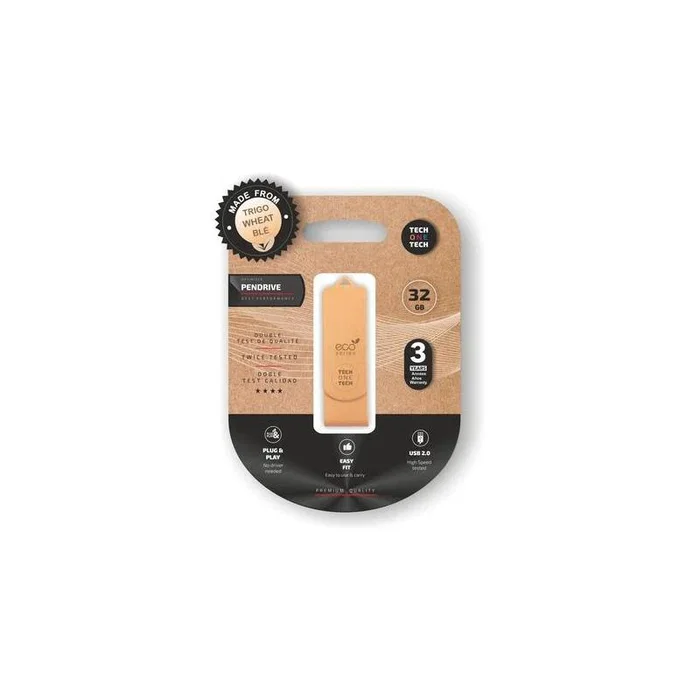 Tech One Tech Pendrive USB 2.0 32 GB - Color Beige, Fabricado en Paja de Trigo con Llavero
