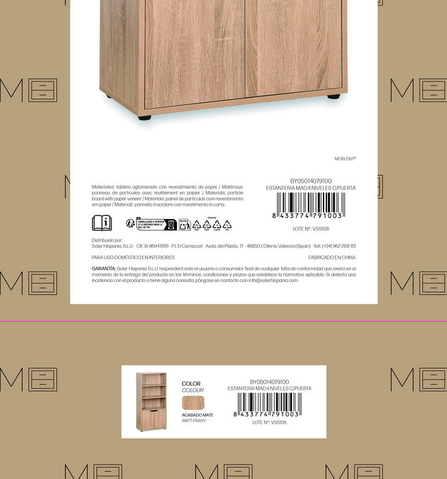 Inde Estantería de Madera de 4 Niveles con Puerta Móvil, Mueble para Almacenaje, 59x29x120 cm
