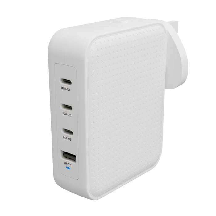 Hyper HJ1001WHWWGL Cargador GaN 145W USB-C con 4 Puertos (3x USB-C, 1x USB-A), Power Delivery 3.1, Quick Charge, carga simultánea para Portátil, Tableta, Smartphone - Blanco