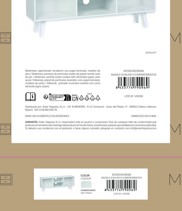 Inde Mueble Auxiliar Moblekit con 4 Compartimentos, 110 x 29 x 47 cm (Al x An x Pr) Inde Mueble Auxiliar Moblekit con 4 Compartimentos, 110 x 29 x 47 cm (Al x An x Pr)