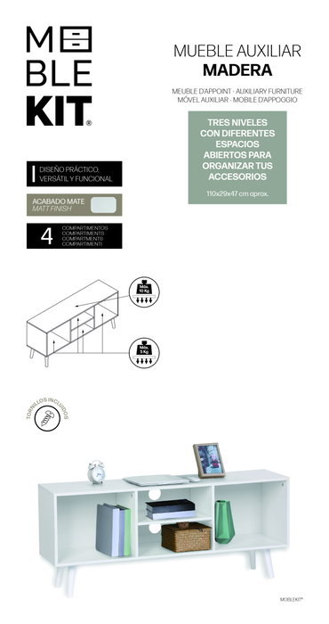 Inde Mueble Auxiliar Moblekit con 4 Compartimentos, 110 x 29 x 47 cm (Al x An x Pr) Inde Mueble Auxiliar Moblekit con 4 Compartimentos, 110 x 29 x 47 cm (Al x An x Pr)