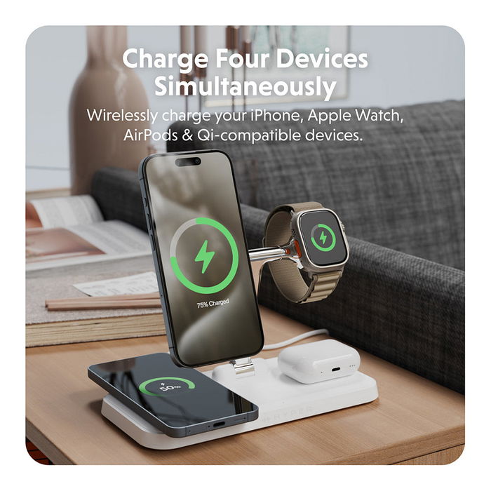 Targus HYPERJUICE HJ3004WHGL Cargador Inalámbrico Qi2 4 en 1 Carga Rápida Plata Blanco 45W