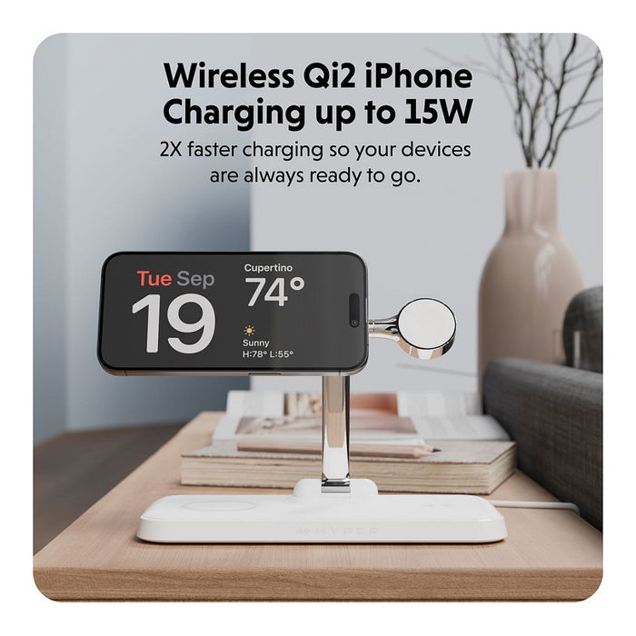 Targus HYPERJUICE HJ3004WHGL Cargador Inalámbrico Qi2 4 en 1 Carga Rápida Plata Blanco 45W