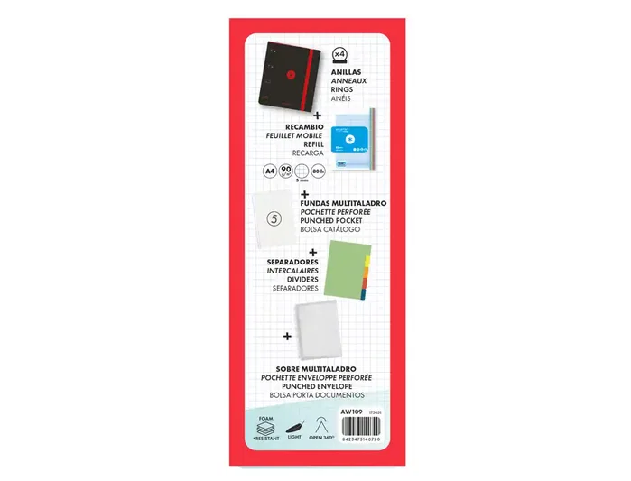Antartik Carpeta con recambio A4 foam 4 anillas 35mm bicolor negro rojo