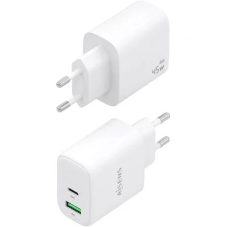 Aisens cargador gan 45w, 1xusb-c pd3.0 qc4.0, 1xusb-a qc3.0, blanco