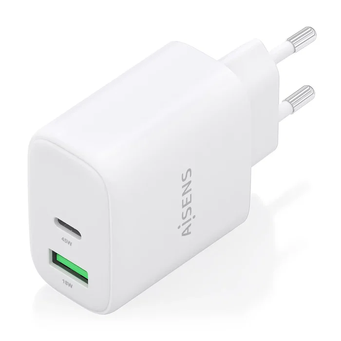 Aisens A110-0971 Cargador GaN 45W USB-C PD3.0 QC4.0 y USB-A QC3.0 Rápido para Portátil, Móvil, Tablet, Blanco