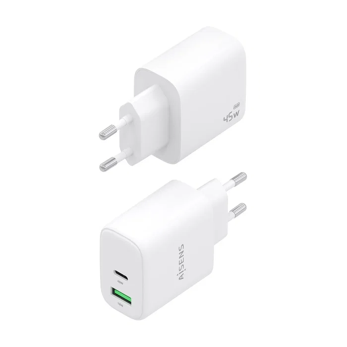Aisens A110-0971 Cargador GaN 45W USB-C PD3.0 QC4.0 y USB-A QC3.0 Rápido para Portátil, Móvil, Tablet, Blanco