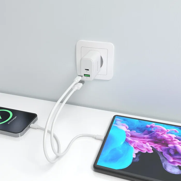 Aisens A110-0971 Cargador GaN 45W USB-C PD3.0 QC4.0 y USB-A QC3.0 Rápido para Portátil, Móvil, Tablet, Blanco