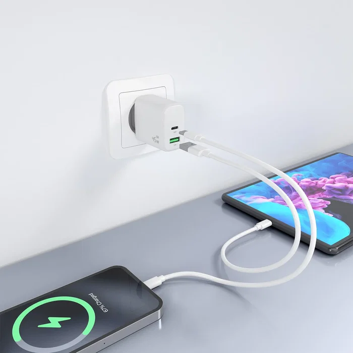 Aisens A110-0971 Cargador GaN 45W USB-C PD3.0 QC4.0 y USB-A QC3.0 Rápido para Portátil, Móvil, Tablet, Blanco