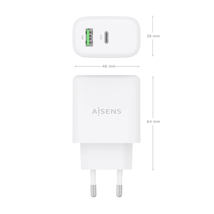 Aisens A110-0971 Cargador GaN 45W USB-C PD3.0 QC4.0 y USB-A QC3.0 Rápido para Portátil, Móvil, Tablet, Blanco