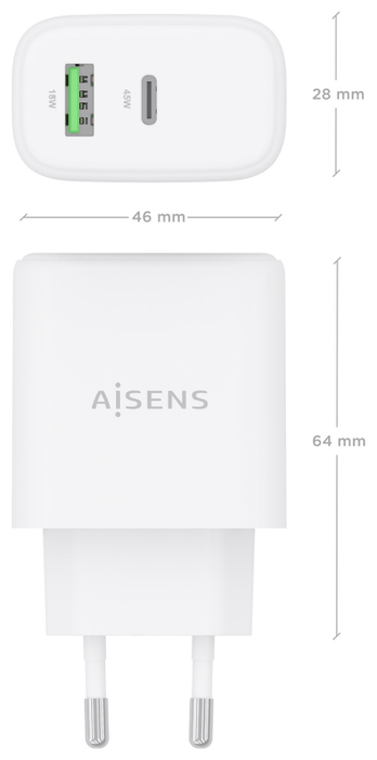 Aisens Cargador GaN 45W con USB-C y USB-A Blanco A110-0971 Aisens Cargador GaN 45W con USB-C y USB-A Blanco A110-0971