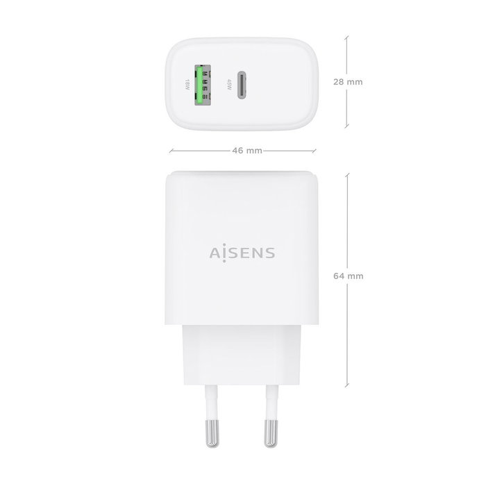 AISENS Cargador GaN 45W USB-C PD3.0 y USB-A QC3.0 Blanco