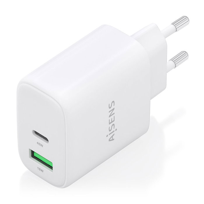 AISENS Cargador GaN 45W USB-C PD3.0 y USB-A QC3.0 Blanco