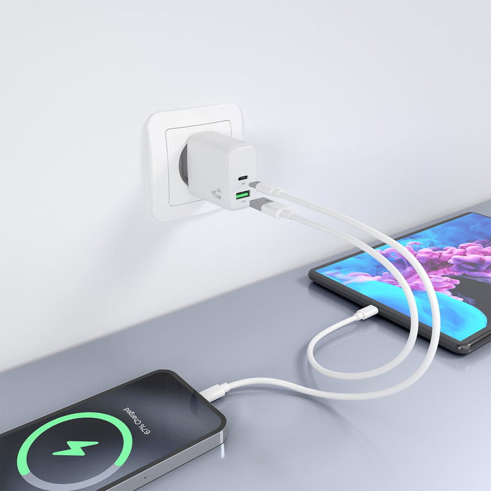 AISENS Cargador GaN 45W USB-C PD3.0 y USB-A QC3.0 Blanco