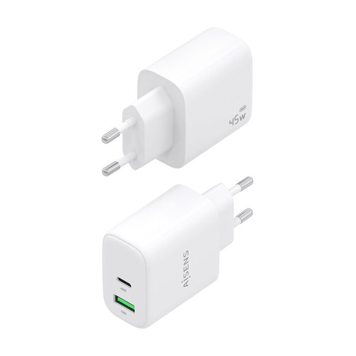 AISENS Cargador GaN 45W USB-C PD3.0 y USB-A QC3.0 Blanco