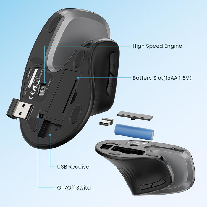 EWENT EW3154 Ratón Inalámbrico Ergonómico Vertical 3200 DPI Negro y Plata