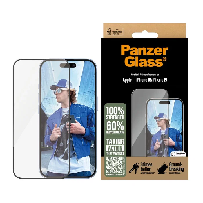 PanzerGlass Protector de Pantalla Vidrio Templado para iPhone 16 y iPhone 15 (6.1") Ultra-Wide Fit, 1 Unidad, Anti-Reflejos, Anti-Huellas, Resistente a Rayones y Golpes