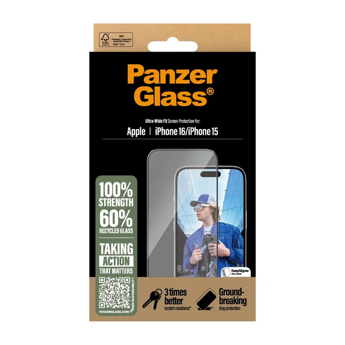 PanzerGlass Protector de Pantalla Vidrio Templado para iPhone 16 y iPhone 15 (6.1") Ultra-Wide Fit, 1 Unidad, Anti-Reflejos, Anti-Huellas, Resistente a Rayones y Golpes