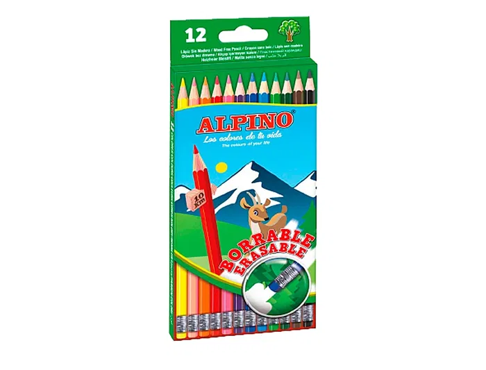 Alpino Lápices de Colores Borrables con Goma Caja de 12 Colores Surtidos