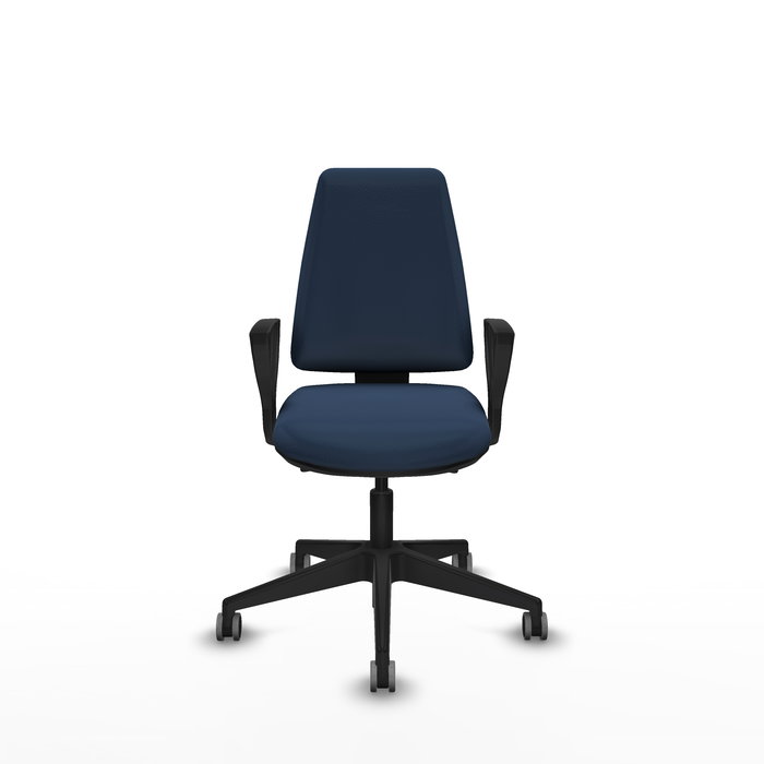 Silla de oficina Elche con mecanismo Asincro tapizada con Similpiel color Azul marino. Equipada con Base piramidal negra, Brazos fijos y Ruedas 65 mm parqué