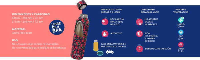 QUOKKA Botella Térmica de Acero Inoxidable 630 ml, Color Slate, con Colgador, Modelo Solid