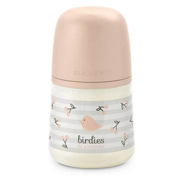 Suavinex Biberón Birdies Tetina SX Pro S - 150 ml - Para bebés de 0 a 3 meses - Color Rosa - Ref. AACJT20837