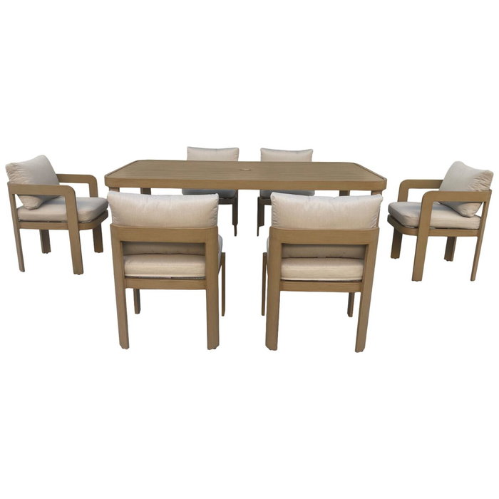 DKD Home Decor Mesa de Comedor para Terraza y Jardín, Set de 7 Piezas en Aluminio y Olefina Marrón, 105 x 75 x 182 cm