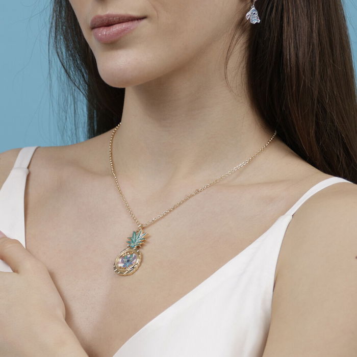 Disney Colgante Piña Stitch Esmaltada en Oro con Piedras Flotantes y Cadena