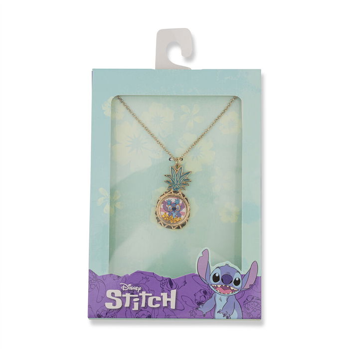 Disney Colgante Piña Stitch Esmaltada en Oro con Piedras Flotantes y Cadena