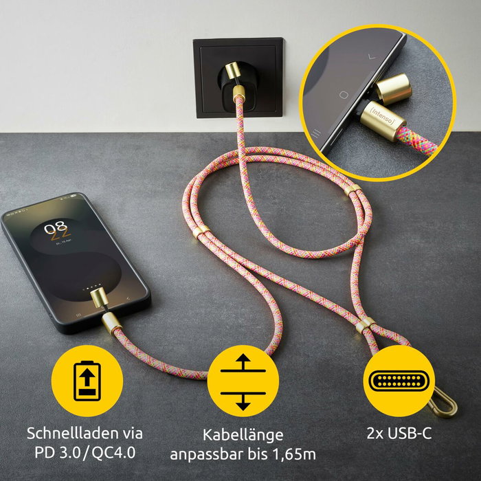 Intenso Cable USB-C a USB-C Lanyard 1,65 m Neon Mix