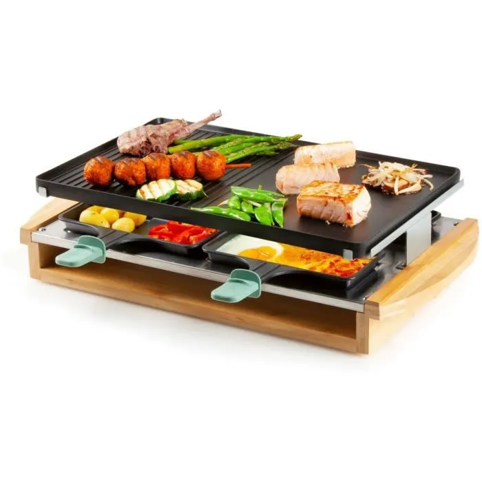 DOMO DO9246G - Parrilla raclette de bambú - 1200W - 3 niveles - 8 personas - Resistencia de acero inoxidable