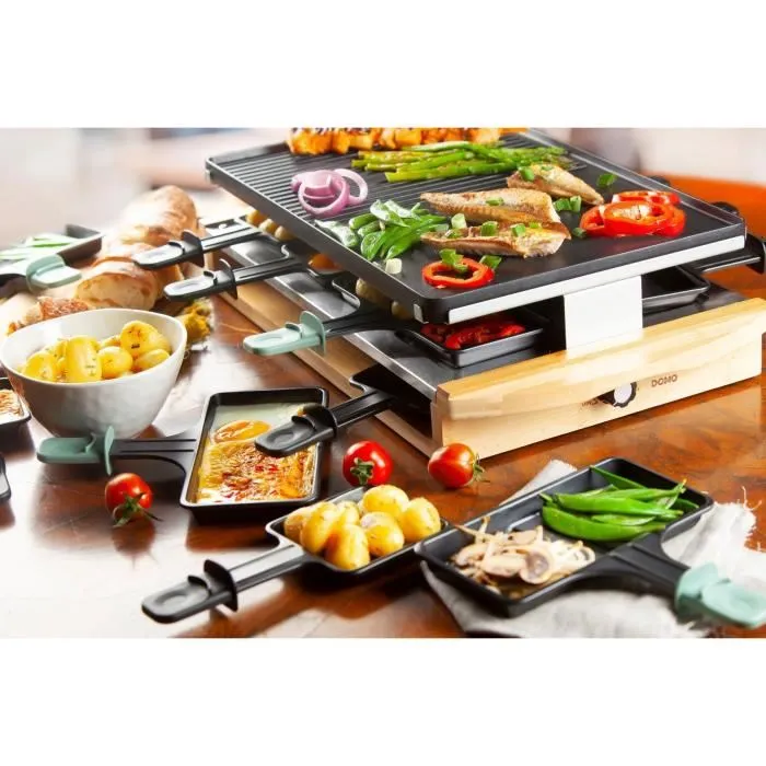 DOMO DO9246G - Parrilla raclette de bambú - 1200W - 3 niveles - 8 personas - Resistencia de acero inoxidable