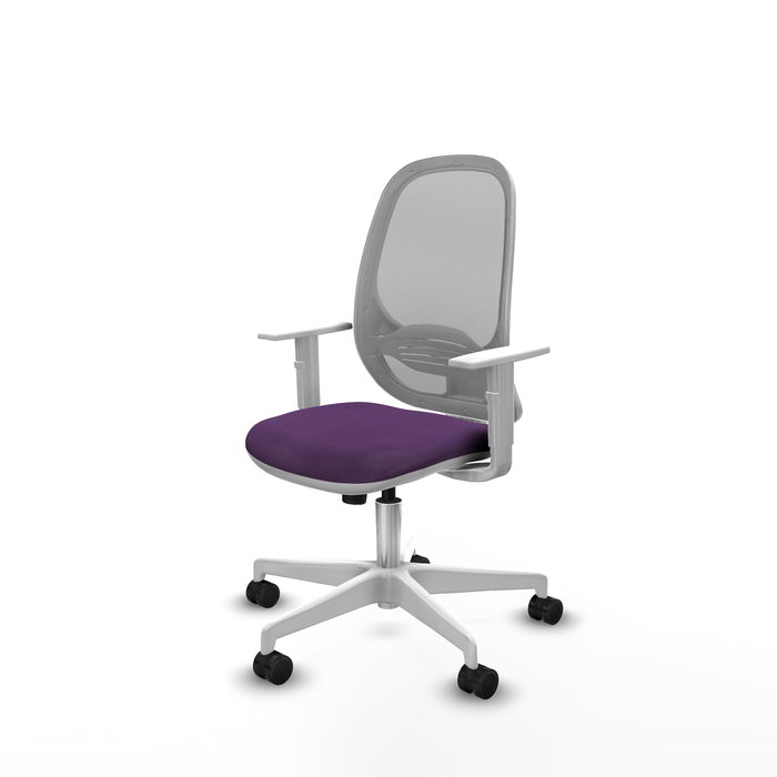 Silla de oficina Cilanco con mecanismo Sincro tapizada con Tela color Morado y malla color Gris. Equipada con lumbar 1D, Reposabrazos blancos y Ruedas 65mm nailon Silla de oficina Cilanco con mecanismo Sincro tapizada con Tela color Morado y malla color Gris. Equipada con lumbar 1D, Reposabrazos blancos y Ruedas 65mm nailon