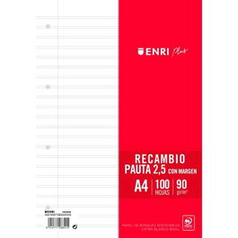 Enri Recambio Plus 100H A4 90 gr Pauta 2,5 C-Margen 4 Taladros Blanco