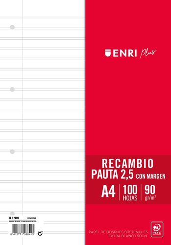 Enri Recambio Plus 100H A4 90gr Pauta 2,5 con Margen y 4 Taladros Blanco Enri Recambio Plus 100H A4 90gr Pauta 2,5 con Margen y 4 Taladros Blanco